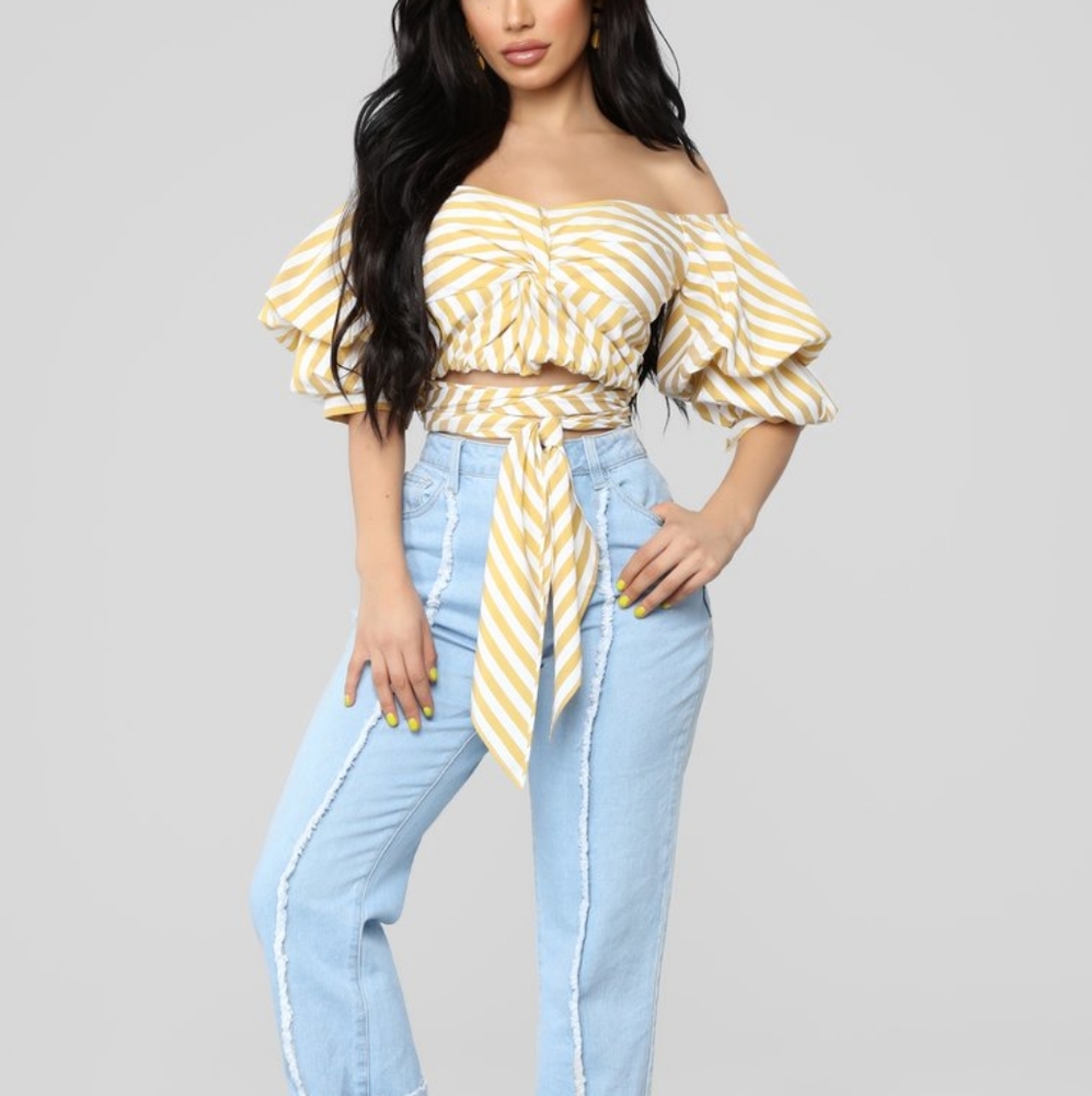 Fashion Nova All Falls Down Top - Mustard/Combo